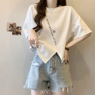 เสื้อครอปสาวอวบน่ารัก oversize เสื้อผ้าคนอ้วนไซส์ใหญ่ เสื้อยืดแขนสั้นแบบหลวมผู้หญิงแฟชั่นมาใหม่สวยๆ สกรีนลายวินเทจ ลำลอง