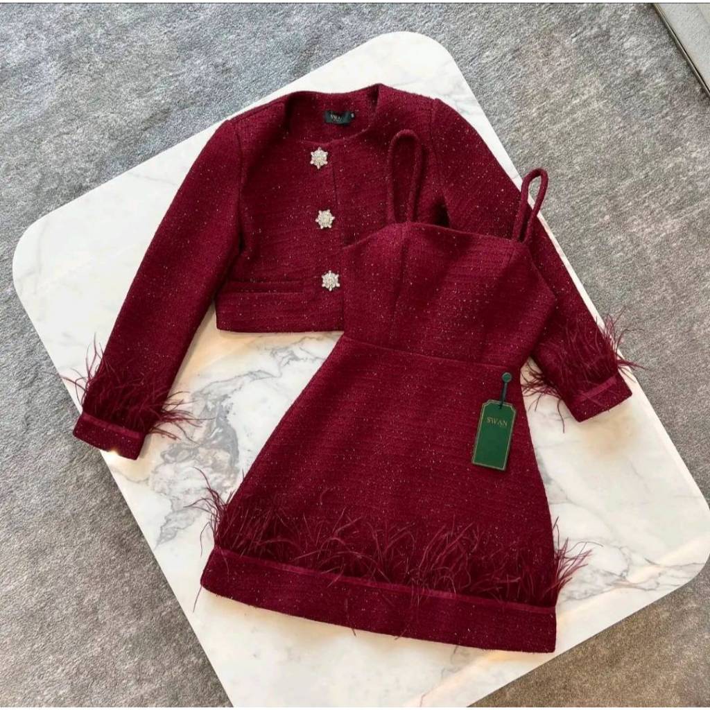 Swan เซทเสื้อคลุมแขนยาวผ้าทวิต แต่งกระดุมเพชรดอกไม้ - รูปที่ 7