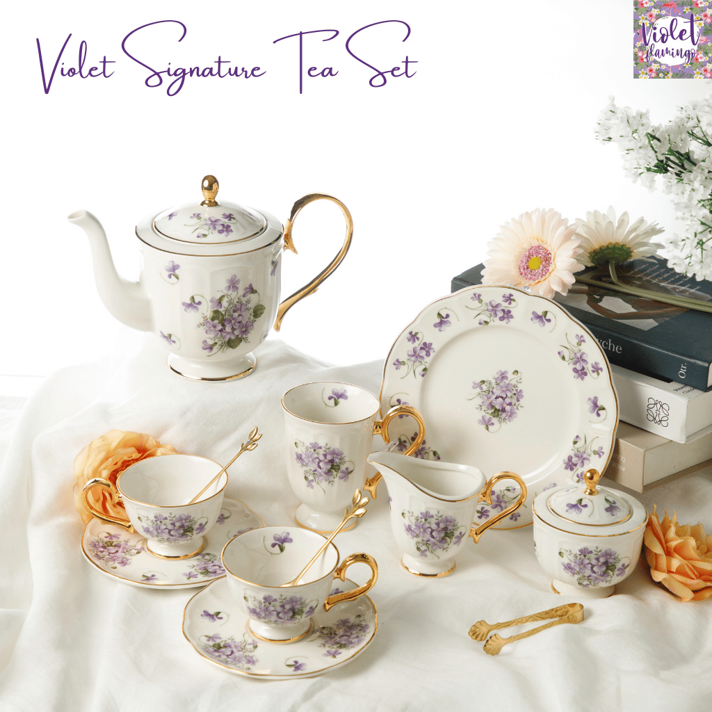 Violet Flamingo ชุดน้ำชาลายดอกไม้สีม่วงขอบทอง (Violet Signature Tea Set)