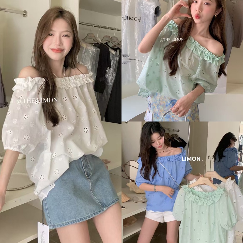 8703 เสื้อปาดไหล่แขนสั้น ผ้าฉลุ แต่งขอบ ปลายแขนแต่งจั๊มเล็กๆ แฟชั่นเกาหลี TAG KOREA