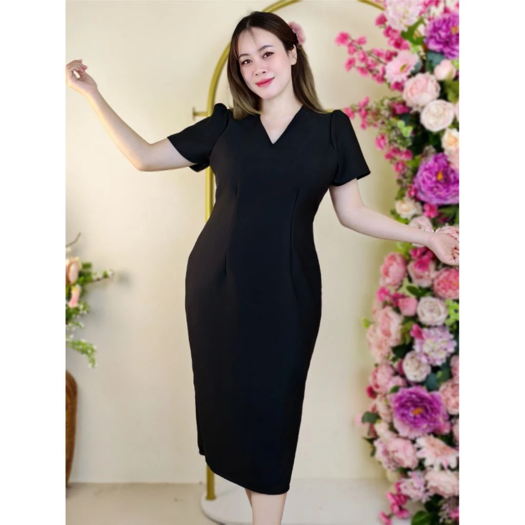 เดรสออกงานมีถึงอก52 คอวี แขนสั้น ไซส์Sถึง 7XL เดรสออกงานสาวอวบ ผ้าเปเป้คุณภาพดีมาก Clothing Lady