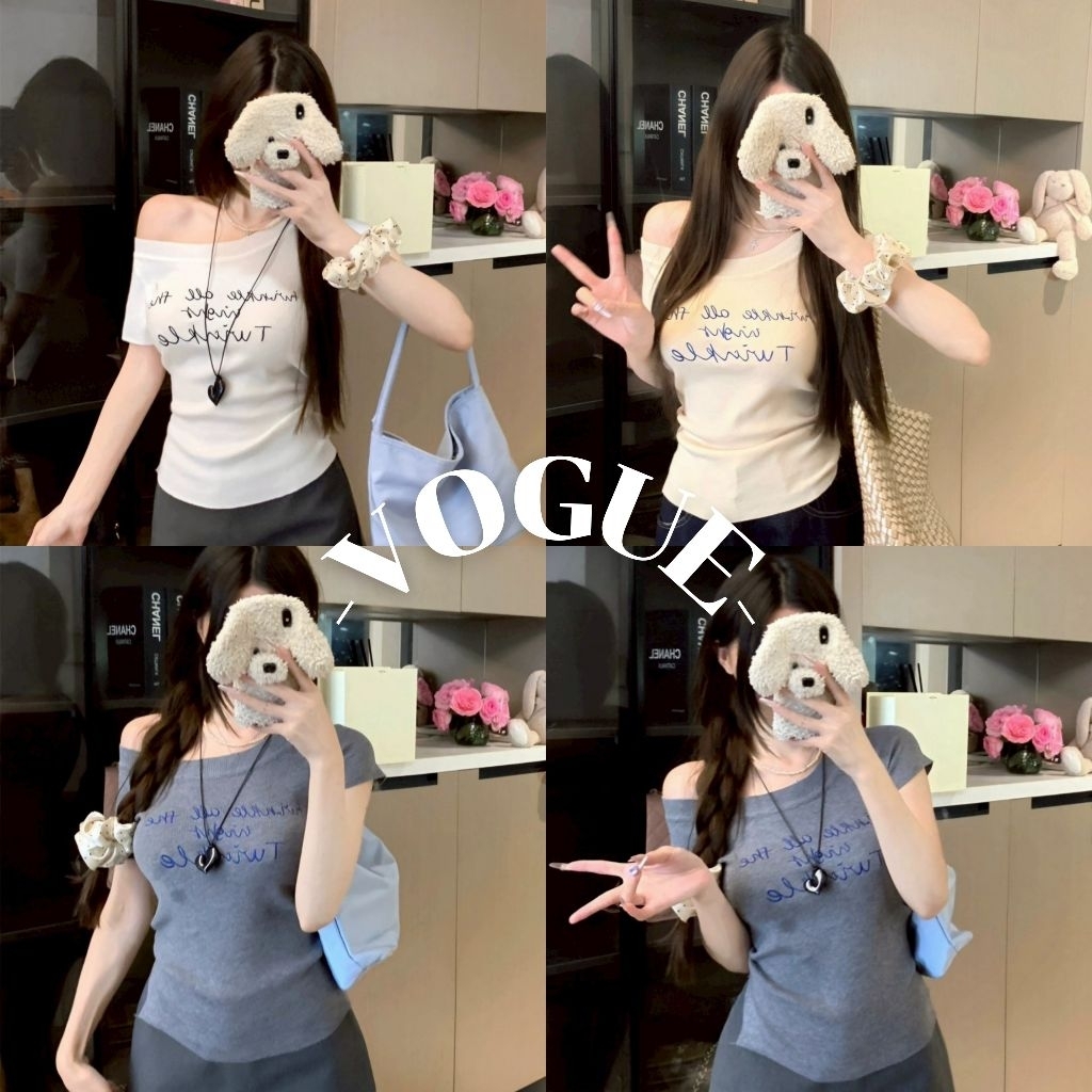 Vogue🌟พร้อมส่ง🌟 เสื้อไหมพรม แขนสั้น เปิดไหล่ สีพื้น ยืดพอดีตัว (Z-CR18)
