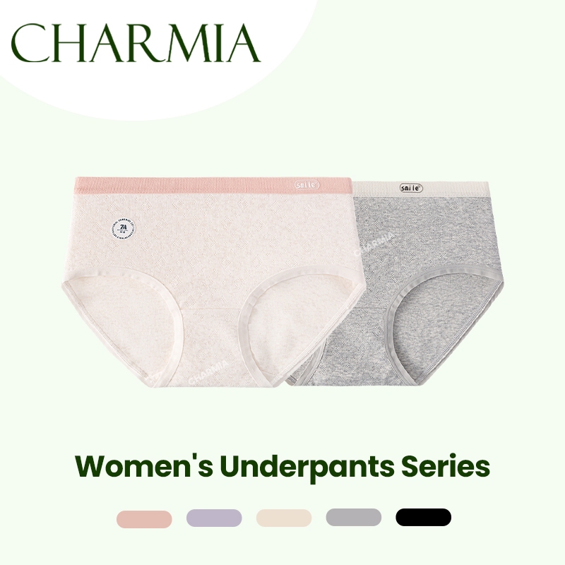 Charmia （3PCS）กางเกงใน Cotton ธรรมชาติ กางเกงชั้นในทรงกลาง ระบายอากาศดี เอวยืด3เท่า ไม่บิด แบบกว้างสวมสบาย สีโมเดิร์น
