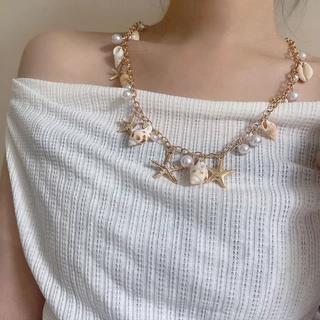 สร้อยคอพร้อมจี้ สร้อยคอแฟชั่น วินเทจ สไตล์โบฮีเมียน✨ ปลาดาว เครื่องประดับมุก ปรับได้ เปลือก พร้อมส่งในไทย🚚