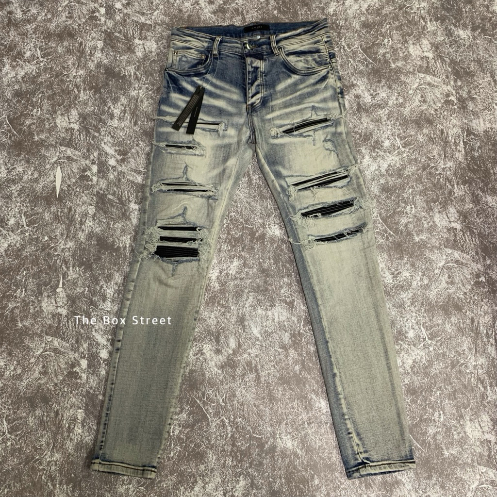 Amiri เข่าดำ v.2 ลิมิเต็ด แต่งขาดปะหนังหย่น ภาพถ่ายจากสินค้าจริง แฟชั่นทรงเอ กางเกงแต่งเข่า กางเกงAm
