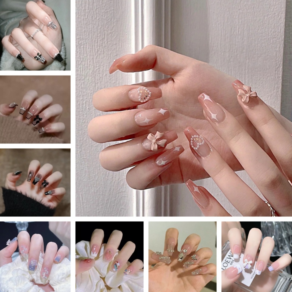 【มาใหม่】เล็บยาว เล็บปลอม พร้อมกาว ใช้ซ้ําได้ 24 ชิ้น