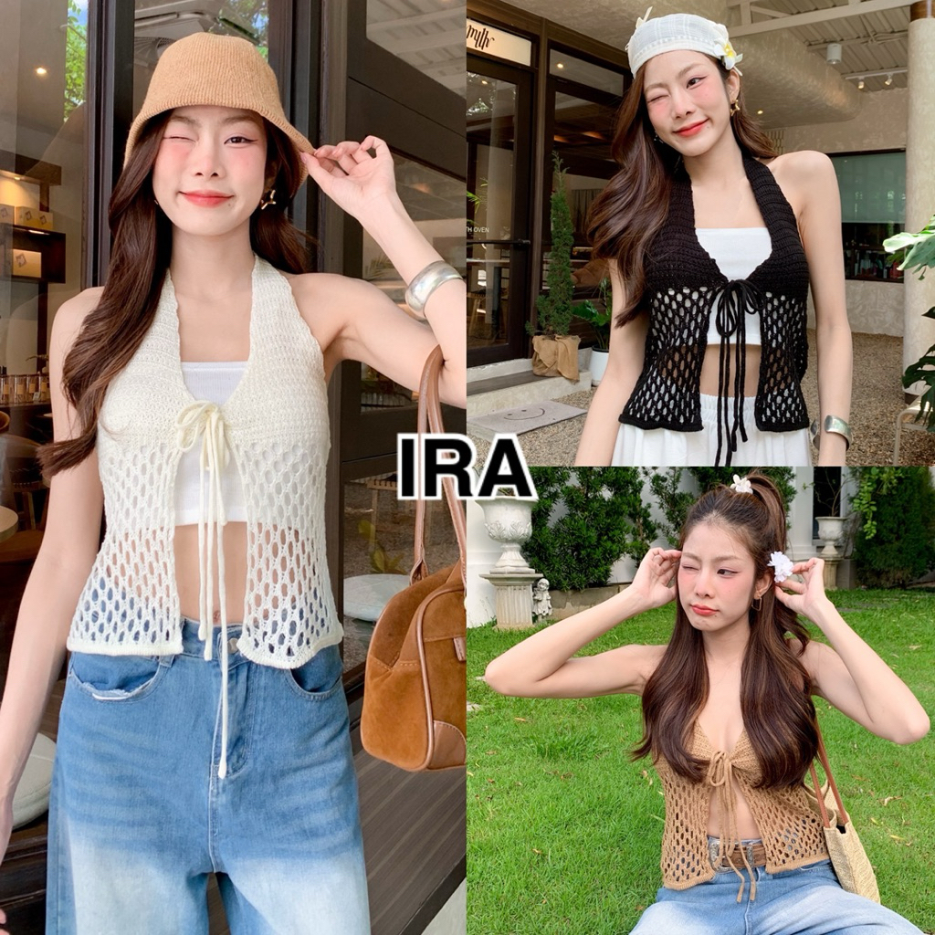 BY IRA 🏝️พร้อมส่ง🏝️ เสื้อกล้ามถักไหมพรม สีพื้น ดีเทลแหวกหน้า เชือกมัดโบว์ด้านหน้า แฟชั่นฤดูร้อน สําหรับผู้หญิง