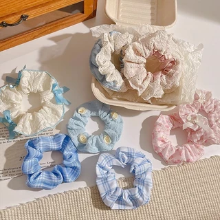 🌺ใหม่ ยางรัดผมหางม้า ขนาดใหญ่ สีสันสดใส สําหรับเด็กผู้หญิง แต่งลูกไม้ สีขาว