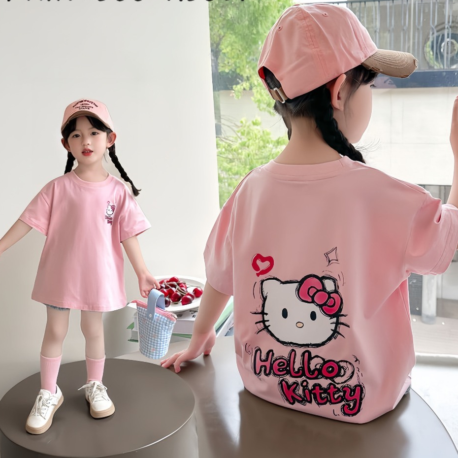 2-10 ปี เสื้อยืดแขนสั้นเด็ก ลวดลาย Hello Kitty ผ้าอ่อนนุ่ม เสื้อผ้าเด็กผู้หญิง