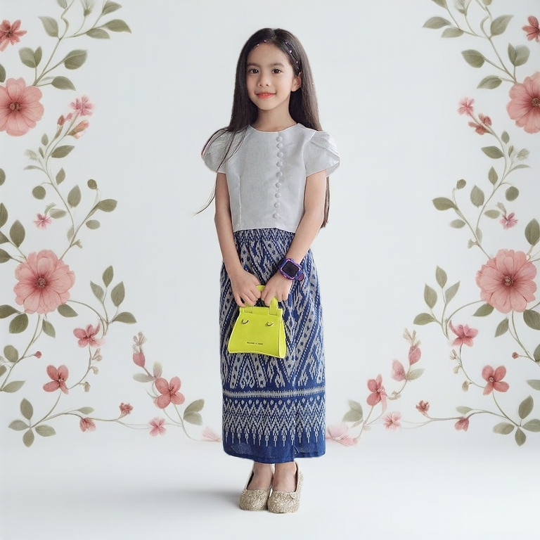 ชุดไทยรุ่นลิซ่า ใส่ไปทำบุญ ใส่ไปโรงเรียน [ผ้าไหมเทียม 2หน้า, ผ้าถุงผ้าทอ ] มีไซส์เด็กโต