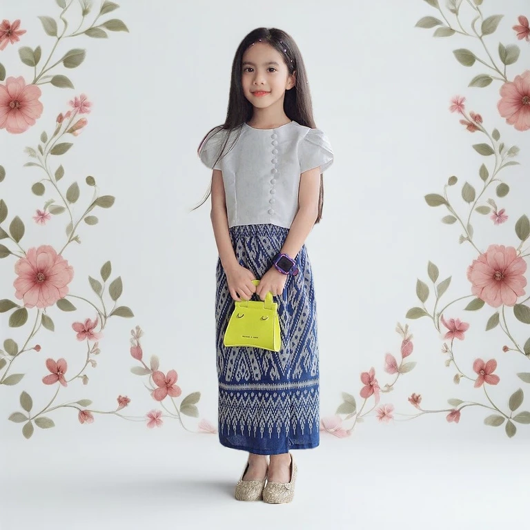 ชุดไทยรุ่นลิซ่า ใส่ไปทำบุญ ใส่ไปโรงเรียน [ผ้าไหมเทียม 2หน้า, ผ้าถุงผ้าทอ ] มีไซส์เด็กโต