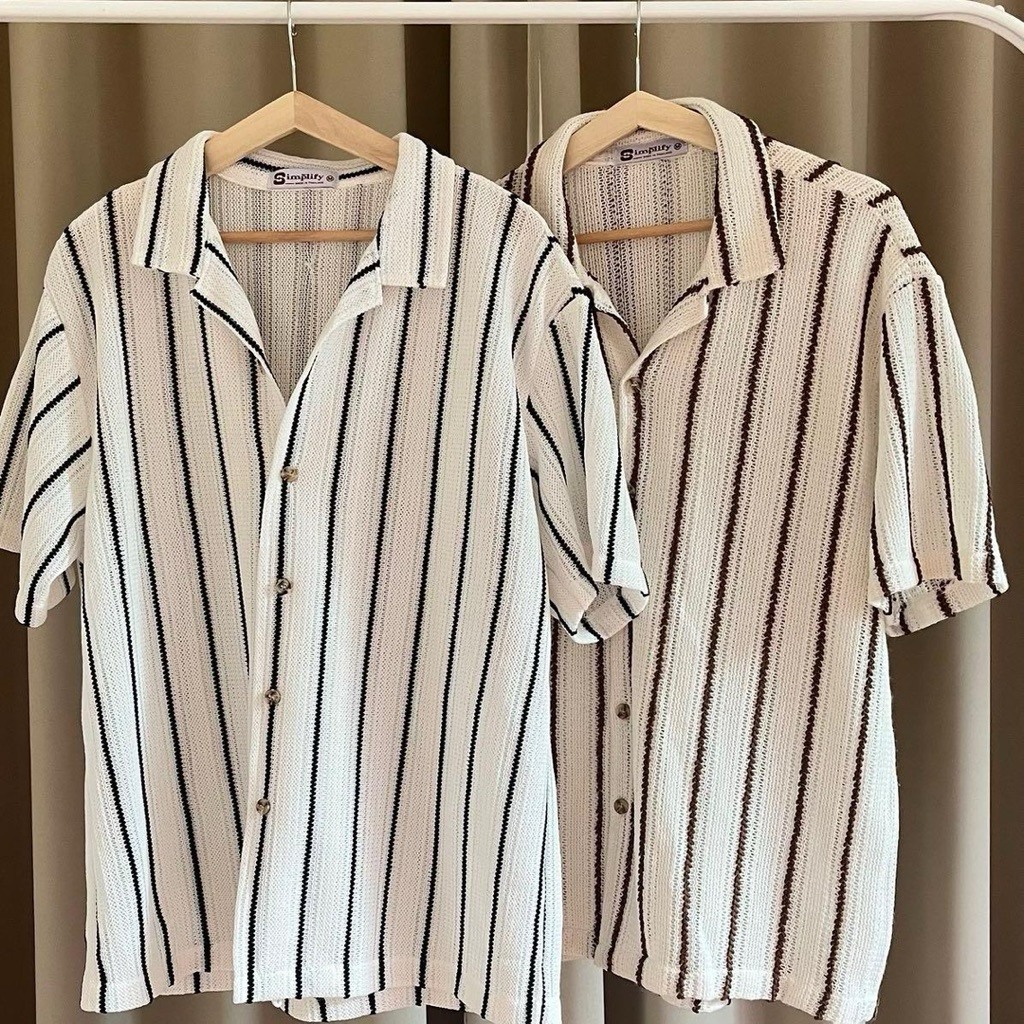Knit hawaii / เสื้อเชิ้ตถักแขนสั้น ลายทางเส้นเล็ก พื้นขาว เส้นดำ , พื้นครีม เส้นน้ำตาล /  Clothing  