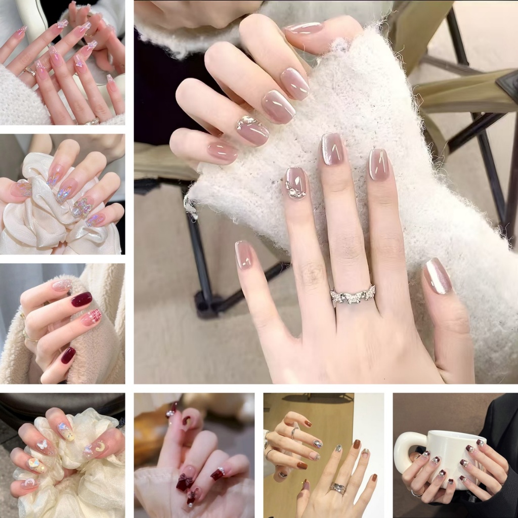 【มาใหม่239】 24PCS ฤดูร้อนสตรอเบอร์รี่สั้นอัลมอนด์ Cat Eye Almond Shape เล็บสั้นนํากลับมาใช้ใหม่ที่ถอดออกได้เล็บปลอมกดบนเ