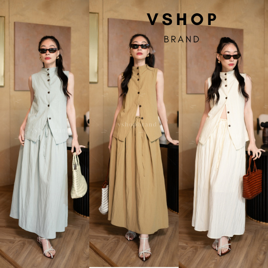 พร้อมส่ง Set เสื้อแขนกุดคอปีนกระดุมหน้า + กป.ยาวทรงบาน งานป้ายvshopbrand