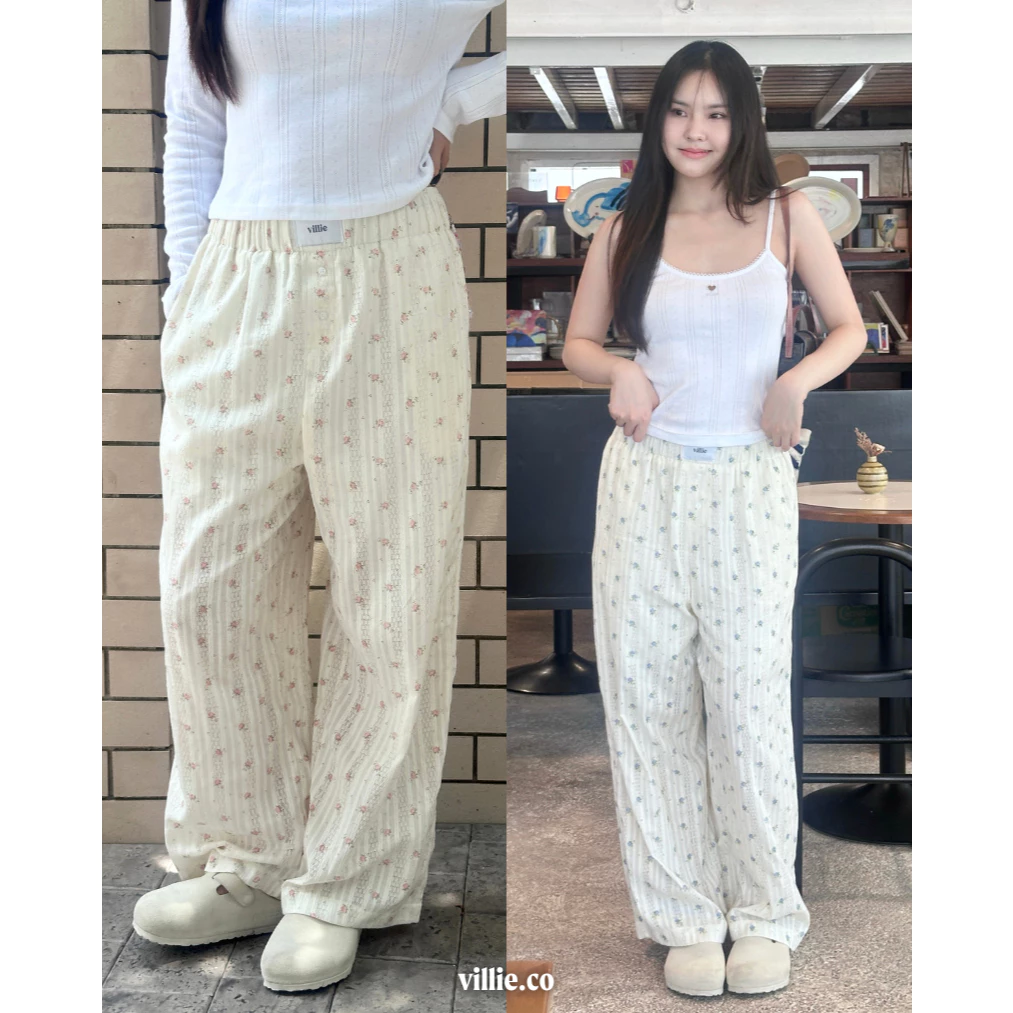 (ขายาว) villie Blossom Pants กางเกงขายาวผ้าลูกไม้ลายดอกไม้