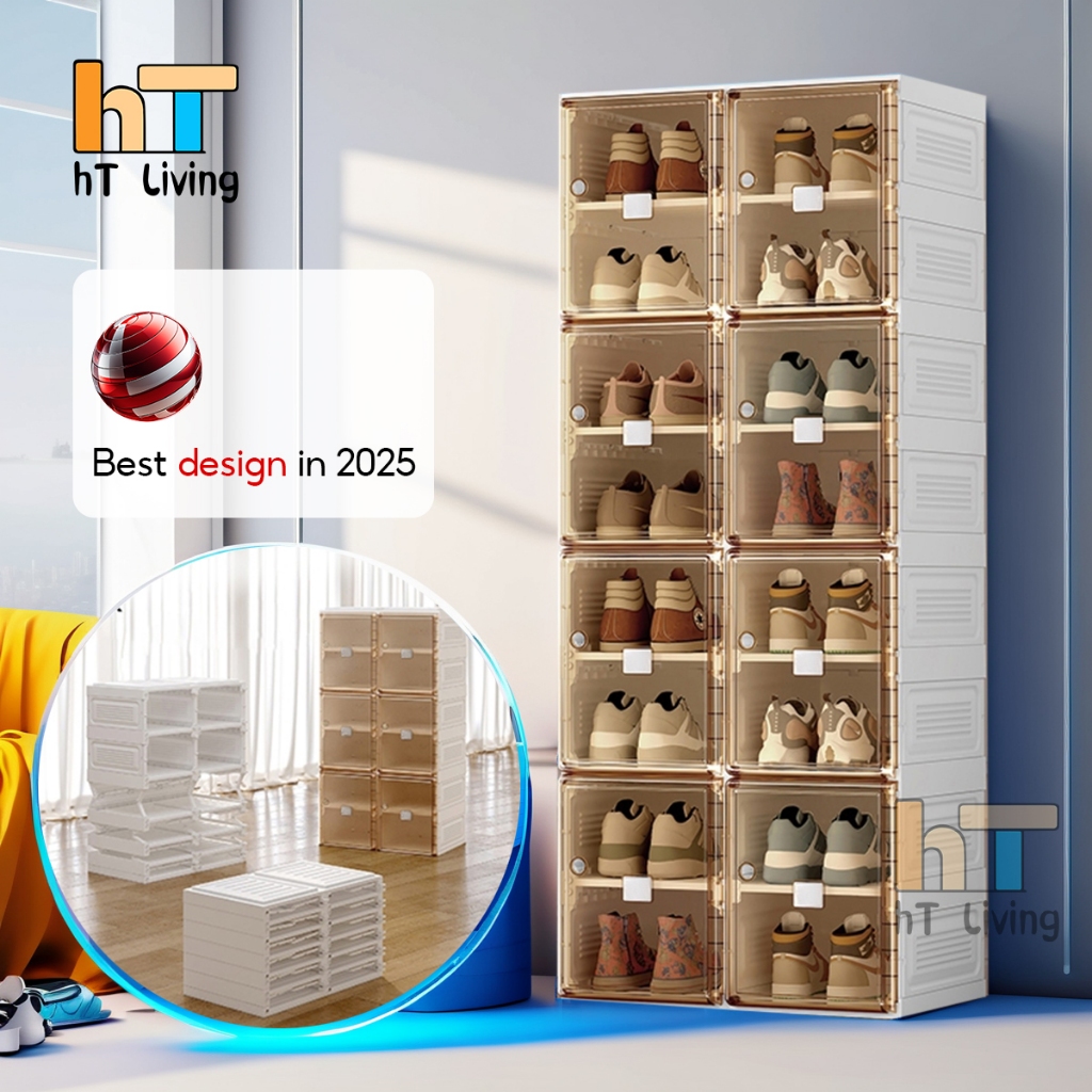 SHOEBOX [พร้อมส่ง !! ] กล่องใส่รองเท้า 2 แถว ติดตั้งง่าย พับเก็บได้ มีหลายช่องเก็บ ประตูแม่เหล็ก แข็งแรงทนทาน กันน้ำกัน