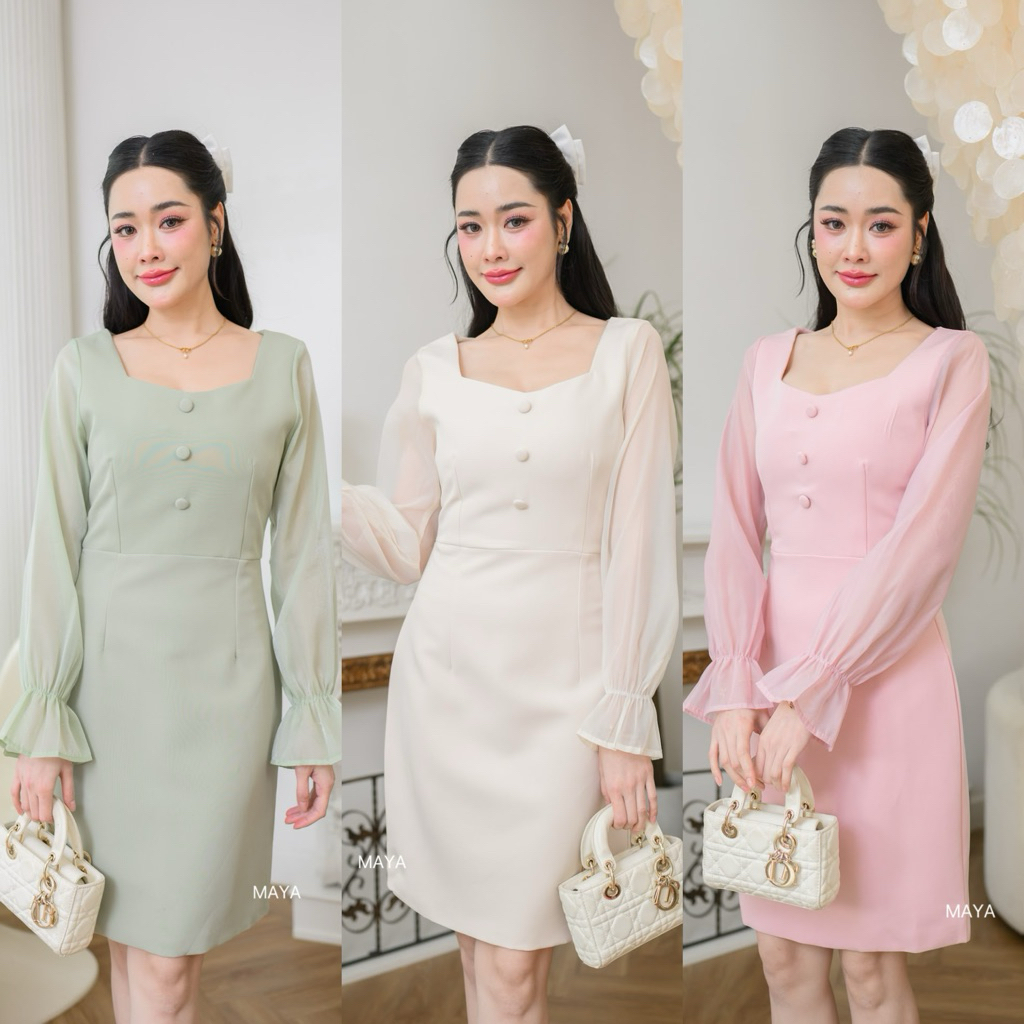 G132 ชุดเดรสแขนออแกนดี้จั้มแขน แต่งกระดุมผ้า ซับในเต็มตัว ผ้าสวย งานป้าย Maya