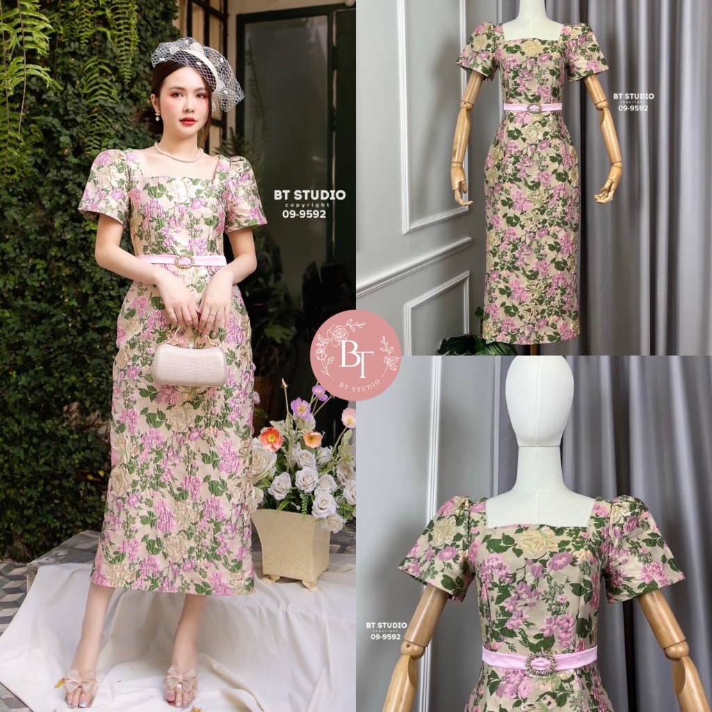 BT 09-9592 ชุดเซท 2 ชิ้น เดรสยาวคอสี่เหลี่ยมแขนสั้นผ้าทอลาย มาพร้อมเข็มขัดผ้าซิคซาตินสีชมพูช่วงหัวเข็มขัดแต่งเพชร