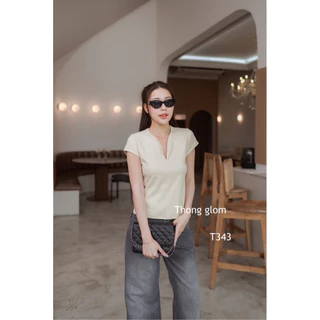 T343 Thong glom เสื้อคอวีกุ้น ผ้ายูนิโคล่เนื้อหนา ดีเทลแขนเต่อ