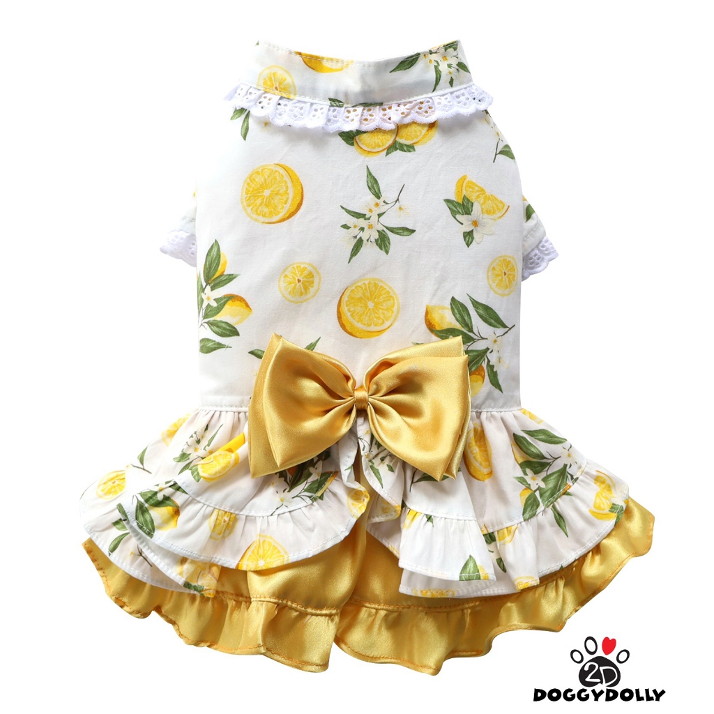 Pet clothes -Doggydolly  เสื้อผ้าแฟชั่น น้องหมาน้องแมว ชุดกระโปรงมีแขน ลายมะนาว โบว์ทอง ขนาดไซส์ 1-9โล D878