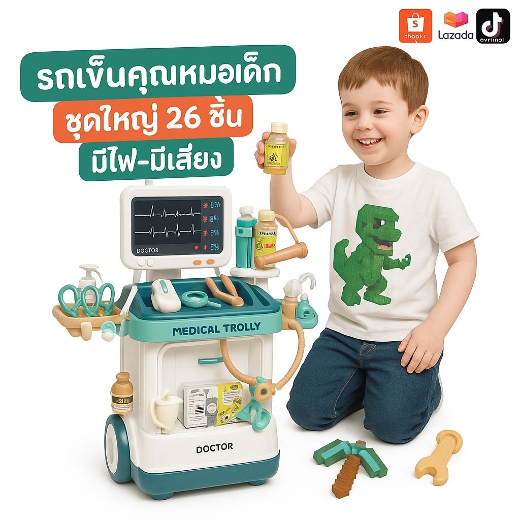 🚑 รถเข็นคุณหมอเด็ก ของเล่นเสริมพัฒนาการ ชุดใหญ่ 26 ชิ้น มีไฟ-มีเสียง เล่นบทบาทสมมติ แพทย์เด็ก อายุ 3 ปีขึ้นไป