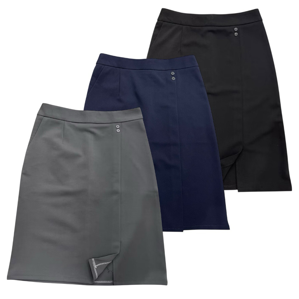 กระโปรงเอผ้าโรเชฟกระเป๋า1ข้างเเต่งกระดุม2เม็ดเล็ก23 (S-34)