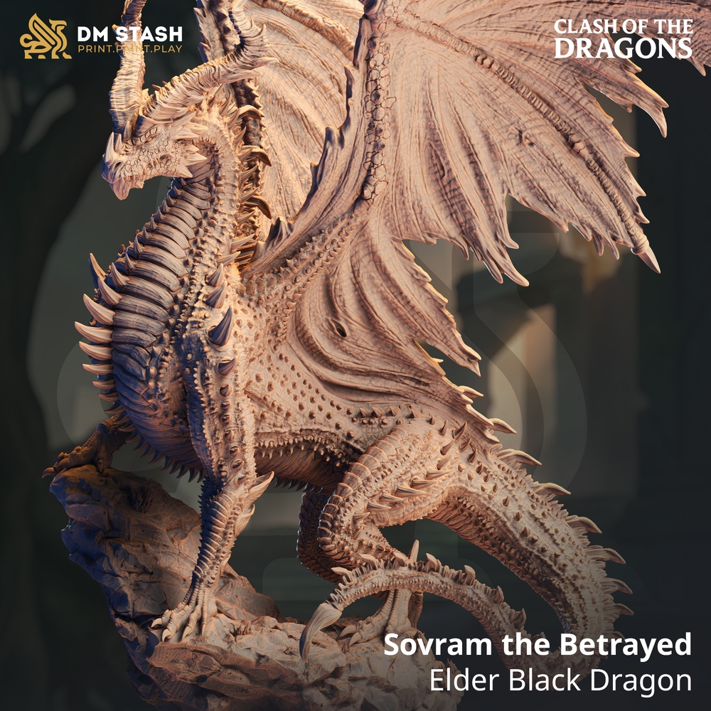DND Dragon I Sovram - Elder Black Dragon - Base 4 inch (งานเรซิ่นสีเทา)