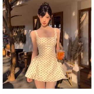 ชุดเดรสกระโปรงลายจุดคอเหลี่ยมสไตล์ฝรั่งเศสสำหรับผู้หญิงช่วงฤดูร้อน เอวเข้ารูป หวาน เผ็ดร้อน กระโปรงทรงเอ กระโปรงสั้นพองฟ