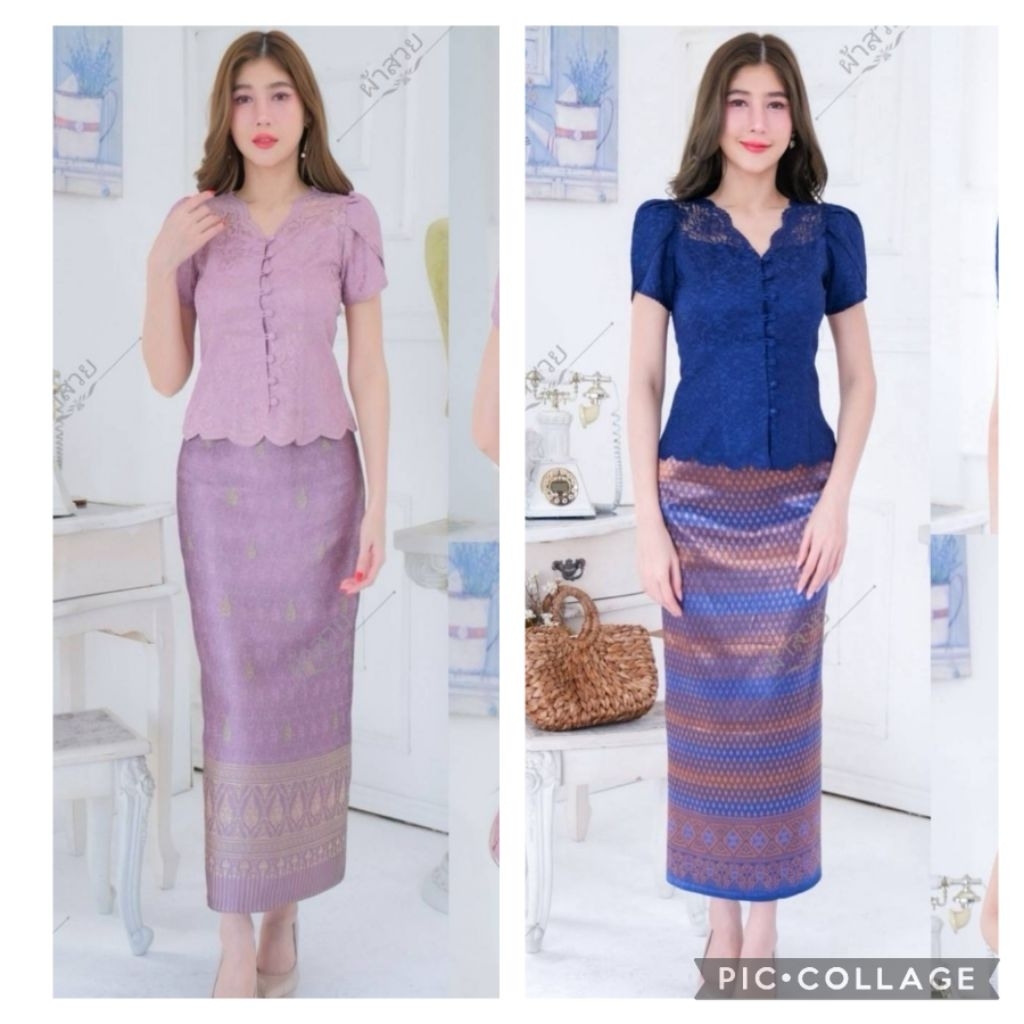 ชุดเซ็ท​(2ชิ้น)เสื้อลูกไม้คอวีพร้อมผ้าถุงทอลาย อัดผ้ากาว แบบป้าย ฟรีไซส์  มีเก็บปลายทาง – โปรปัง