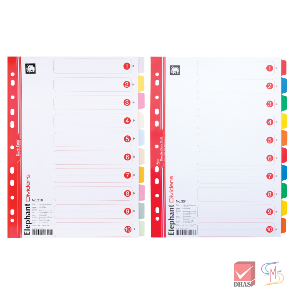 Elephant ตราช้าง อินเด็กซ์ แบ่งตามหัวข้อด้วยสี 10 สี 1-10 A4 No.310 / No.351จำนวน 1 ชุด