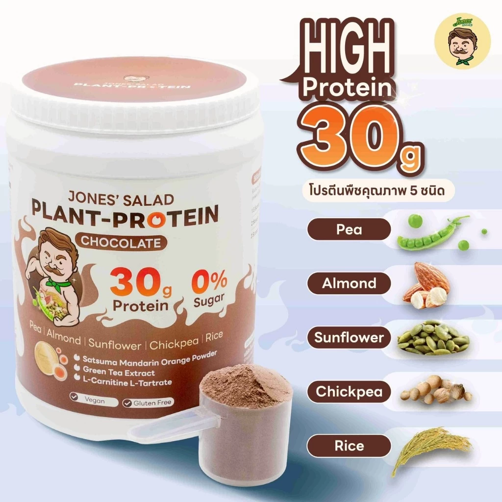 Jones Salad Plant Protein โปรตีนพืช ตราโจนส์สลัด รส Chocolate,Vanilla ช็อกโกแลต วานิลลา แบบกระปุก ขนาด 1050 กรัม Size L thumbnail 4