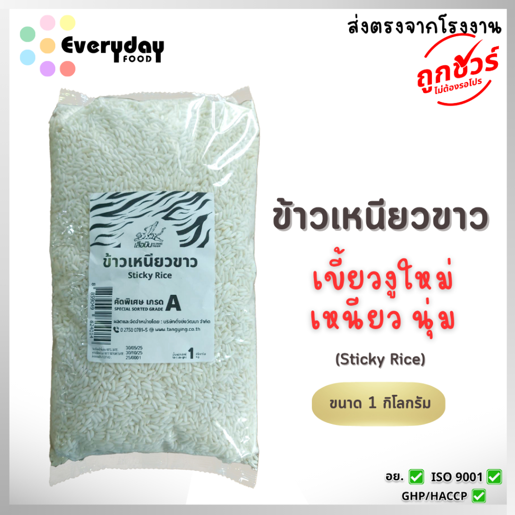 ข้าวเหนียวขาว 1 กก. ตราเสือบิน ข้าวเหนียวพันธุ์เขี้ยวงูเชียงราย ขาว เหนียว นุ่ม 
