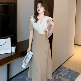 สินค้าพร้อมส่ง เดรสยาว oversize แฟชั่นสไตล์เกาหลี คอระบาย แขนสั้น ทรงเอ ช่วยพรางหุ่น เดรสแฟชั้นผู้หญิง ชุดเดรส ไป ทะเล