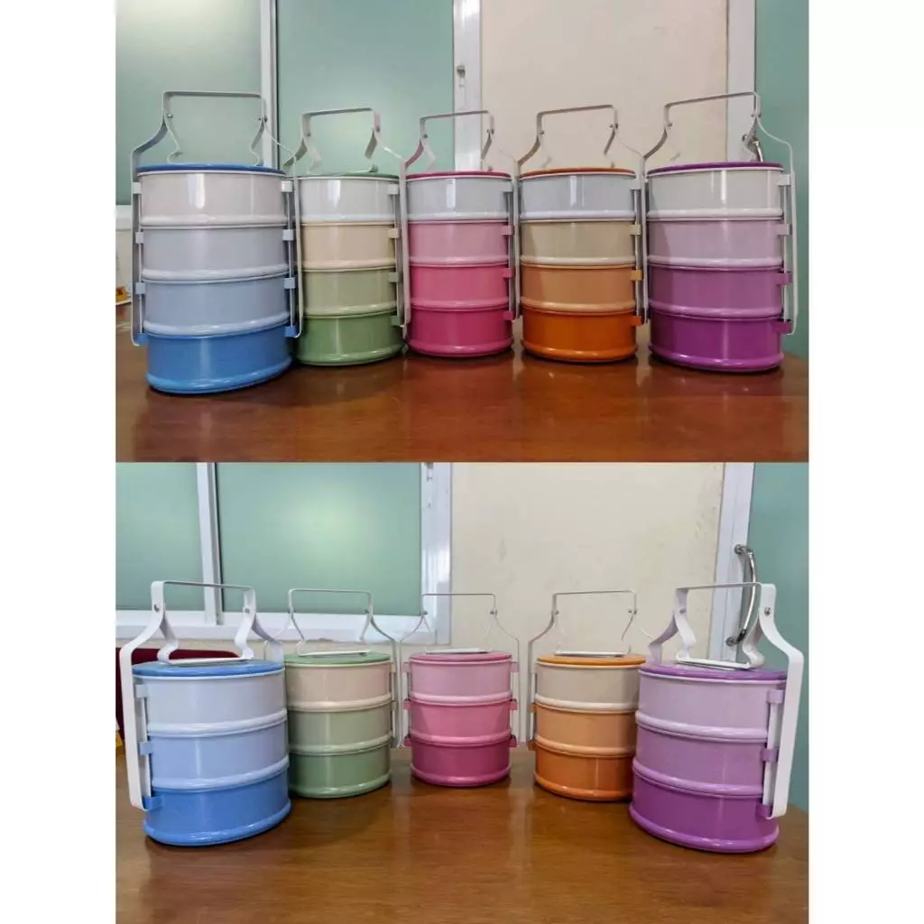 ปิ่นโตเหล็กเคลื่อบสีพาสเทลแบบโบราณขนาด14ซม(โทนไล่สี)แบบ3ชิ้นและ4ชั้น