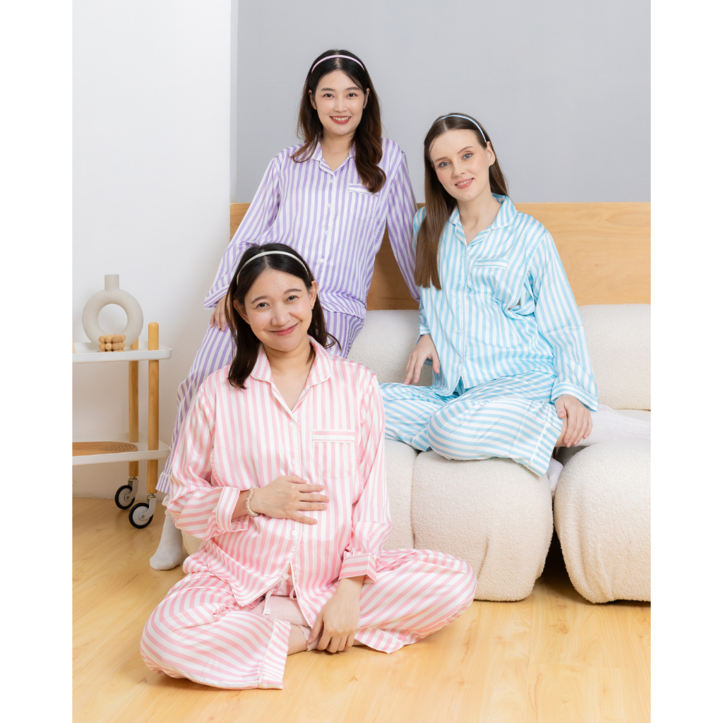 Lily Satin Loungewear Long set - ชุดให้นมแขนยาว ขายาว เปิดให้นมด้านข้าง ผ้าพรีเมียม ซาติน
