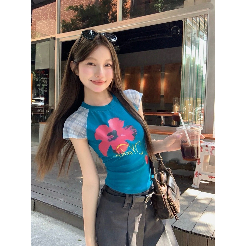 WG.WE 5801 🌺🍓 เสื้อยืดคอกลมแขนสั้น ต่อแขนผ้ามุ้ง สกรีนลายด้านหน้า - รูปที่ 2