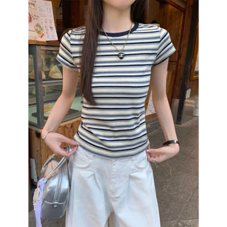 เสื้อยืดเเขนสั้น เสื้อคอกลมเเขนสั้น ลายสลับสีสวย ลายทางสีสวย เรียบง่าย เข้ากับทุกสไตส์ #020322