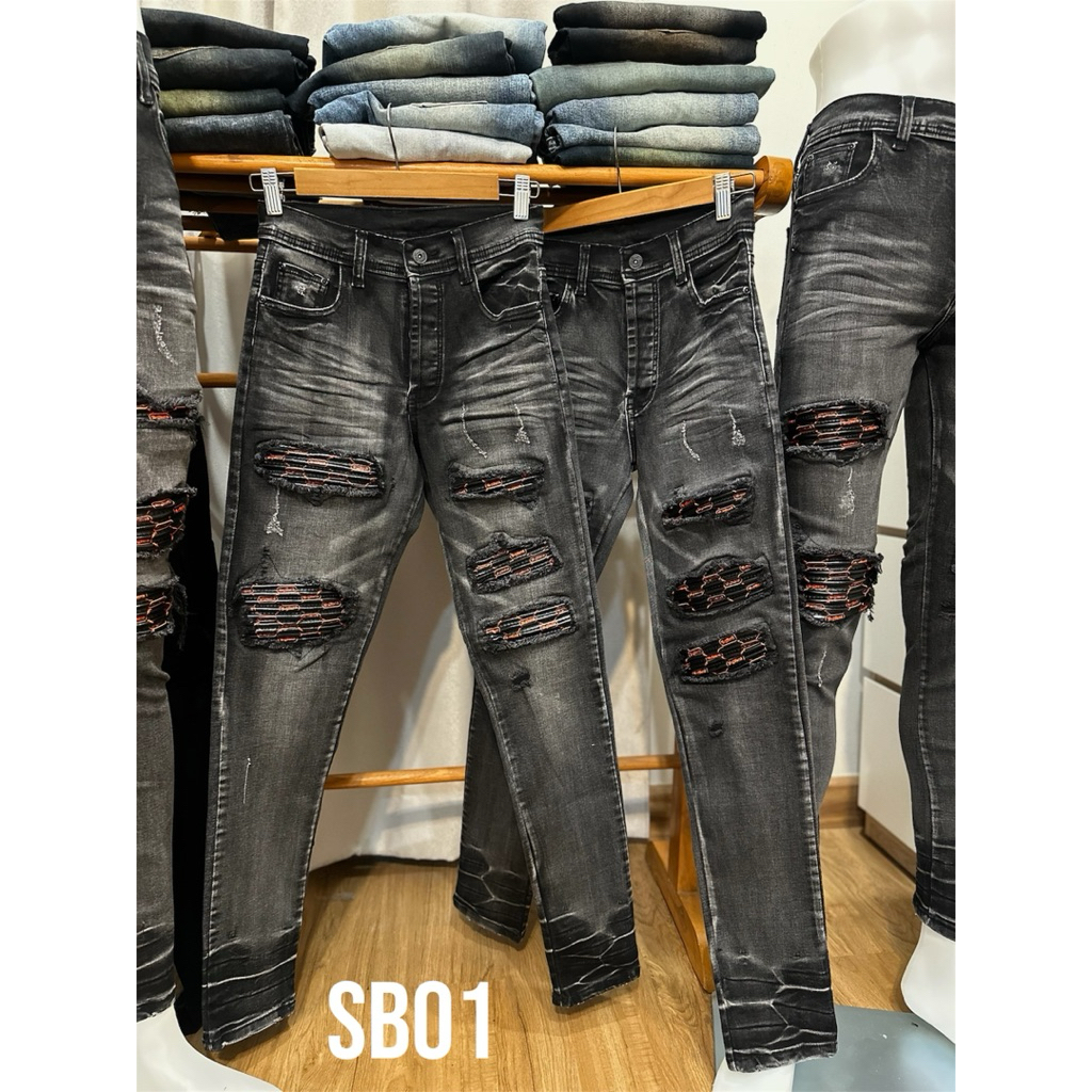 ยีนส์ญี่ปุ่น ขาเดฟดำฟอก ปะหนังพรีเมี่ยม ปะทุกจุไม่ทะลุ รหัสSB01