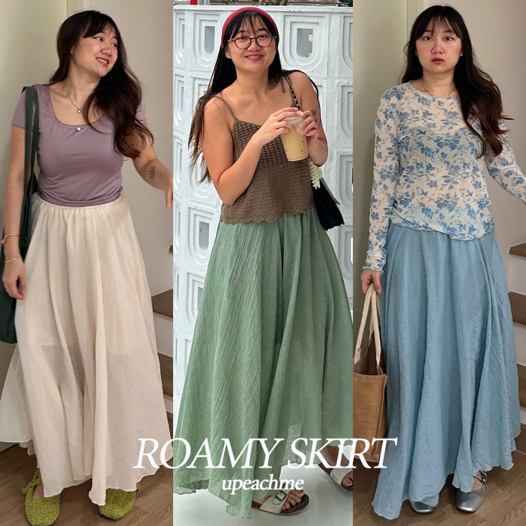 upeachme(A13) Roamy Skirt [เอว24-38] กระโปรงยาวพริ้วสีพื้น มีซับใน กระโปรงยาวผ้าคอตตอนญี่ปุ่นนิ่มใส่สบาย