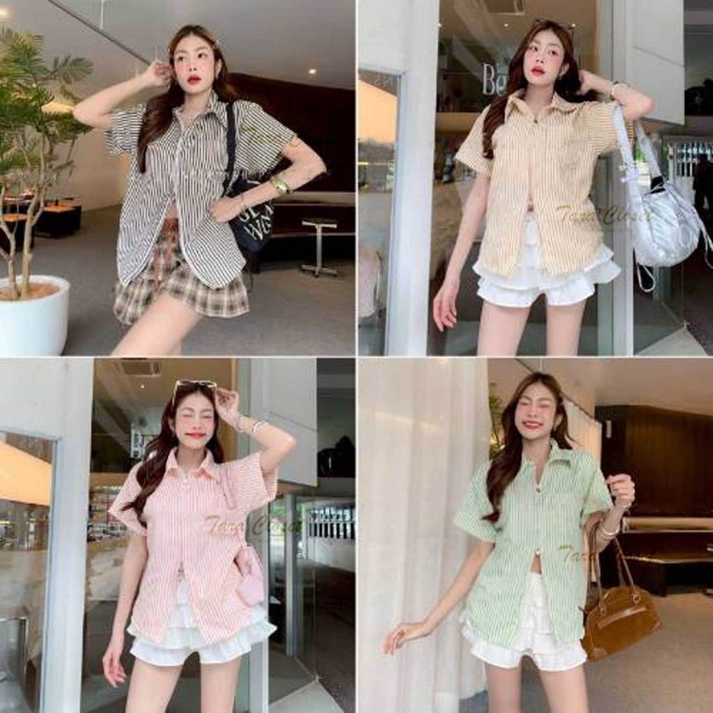 BA084 TARA Shirt เสื้อเชิ้ต คอปก แขนสั้น ลายทาง แต่งดีเทลซิปหน้า เนื้อผ้าไหมอิตาลี ผ้าดี ใส่สบาย ไม่ร้อน