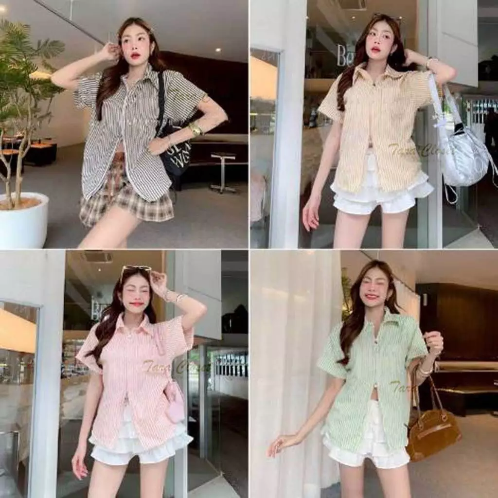 BA084 TARA Shirt เสื้อเชิ้ต คอปก แขนสั้น ลายทาง แต่งดีเทลซิปหน้า เนื้อผ้าไหมอิตาลี ผ้าดี ใส่สบาย ไม่ร้อน