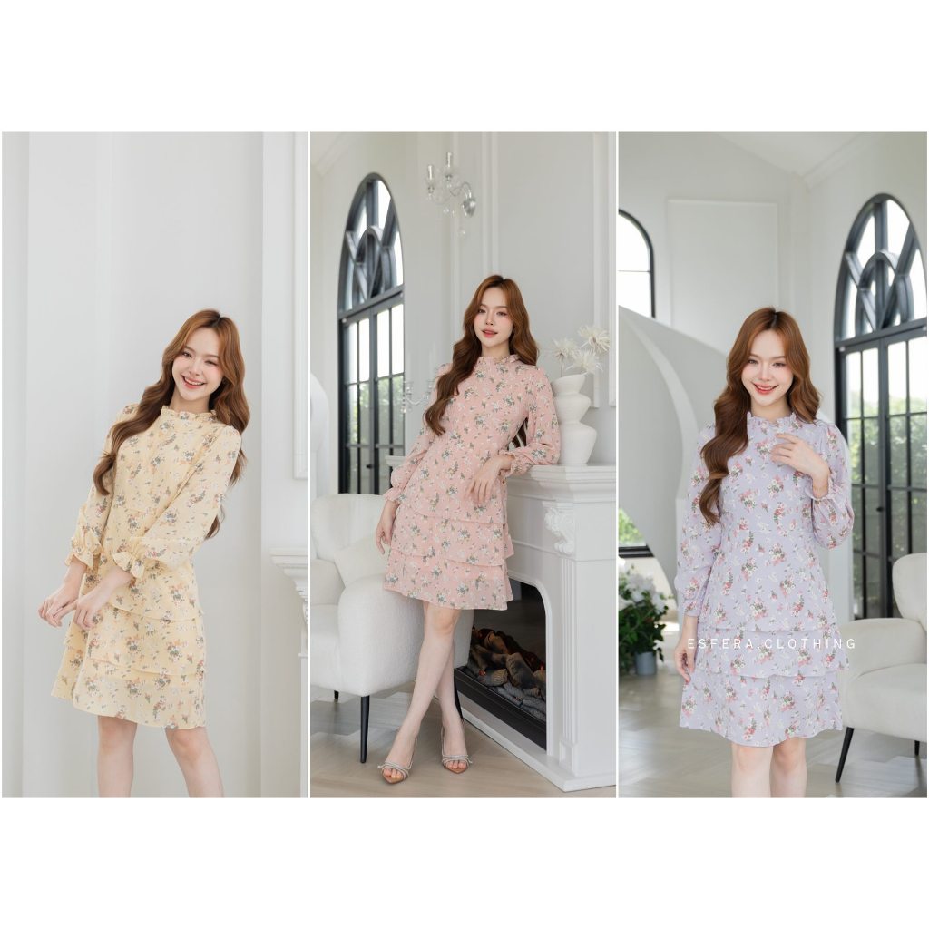 DR061-1 Wine In Layer Dressเดรสแขนยาวผ้าชีฟองพิมพ์ลาย