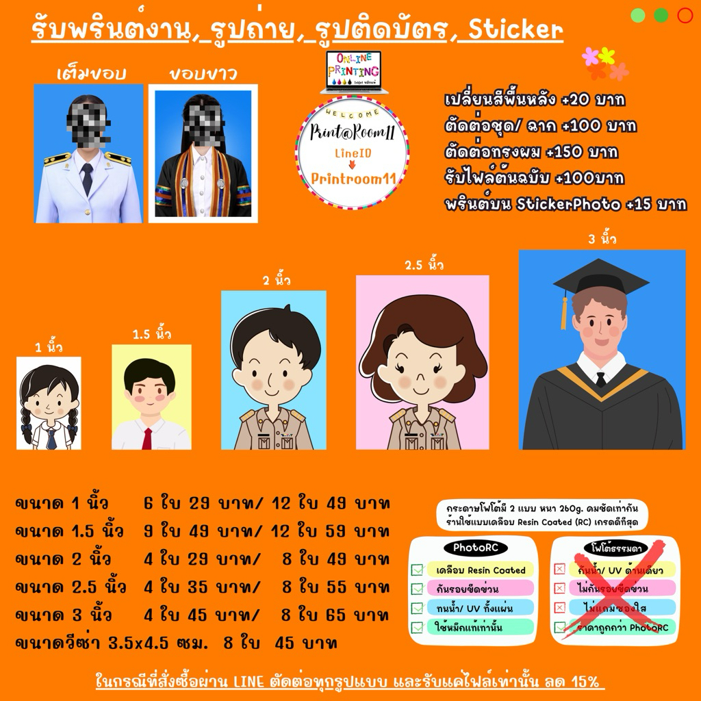 รูปติดบัตร ติดใบสมัคร 1-3 นิ้ว ใช้กระดาษโฟโต้เกรดดีที่สุด เปลี่ยนสีพื้นหลังได้