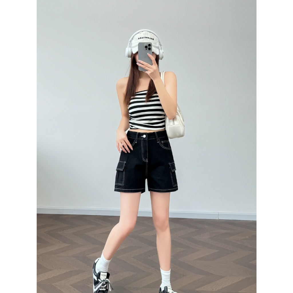 S-5XLกางเกงยีนส์ขาสั้นทรงคาร์โก้ เอวสูงเหนือสะดือ นื้อผ้ายีนส์ไม่ยืด - รูปที่ 3