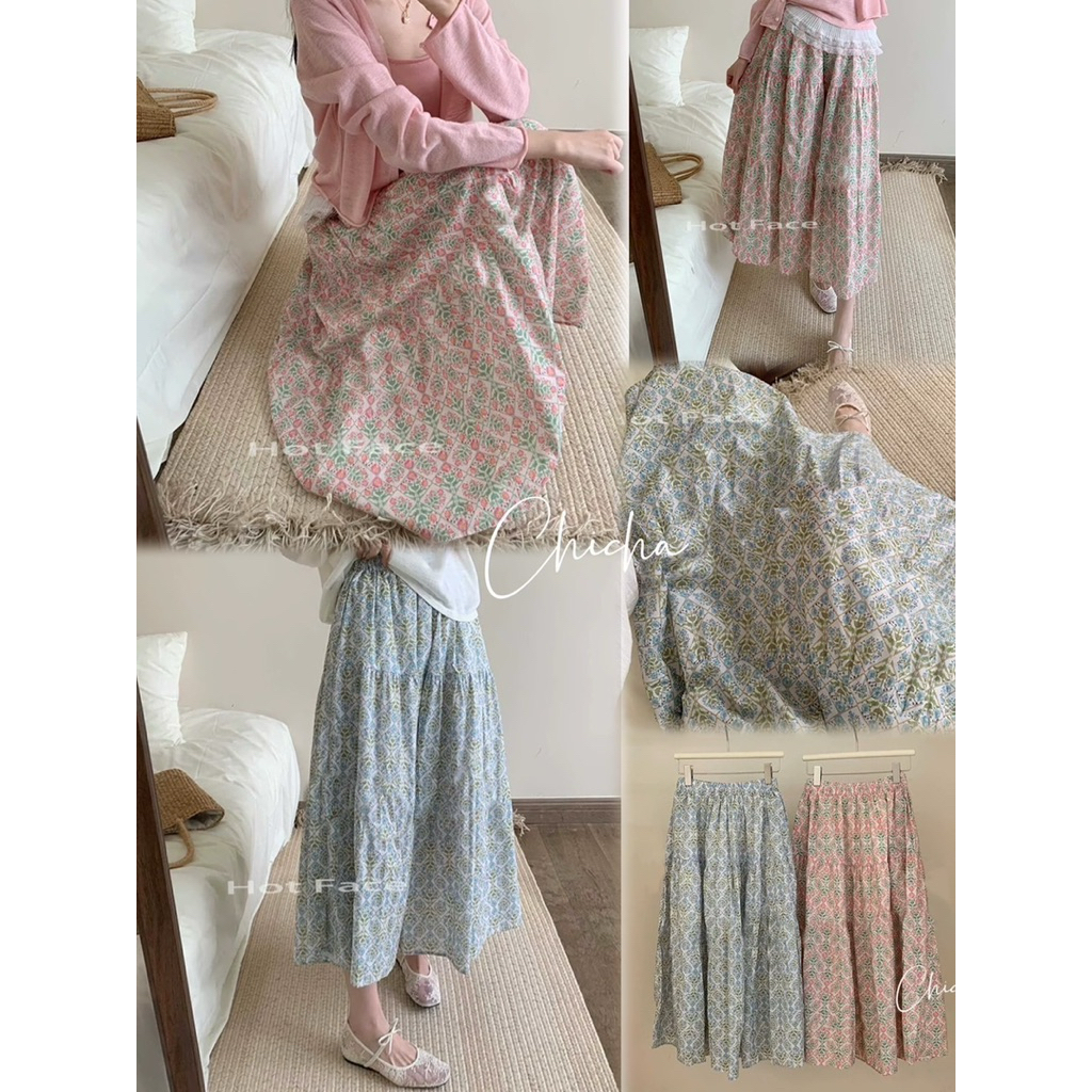 📌ทักก่อนสั่ง📌 กระโปรงทรงเอบาน ลายดอก เอวสม็อค chicha