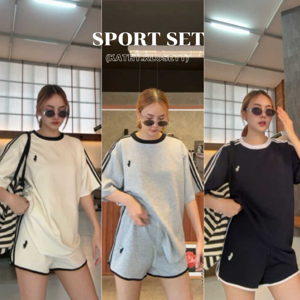 ชุดวอร์มแฟชั่นเสื้อทรงหลวม+กางเกงขาสั้นฟรีไซส์แต่งแถบปักม้า