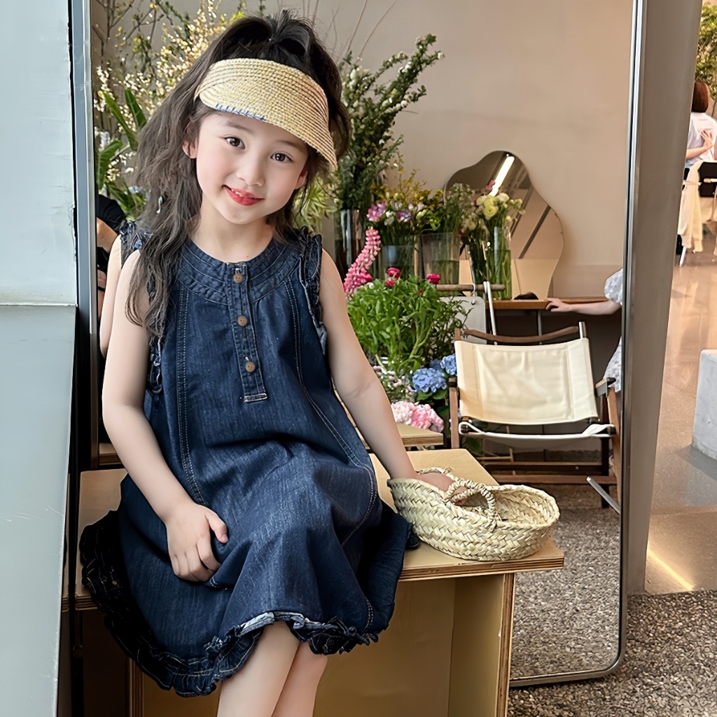 1-7 ปี สีทึบลูกไม ้ แขนกุดชุดเจ ้ าหญิงสบายๆยีนส ์ สาวเสื ้ อผ ้  กแฟชั ่ นสวมใส ่