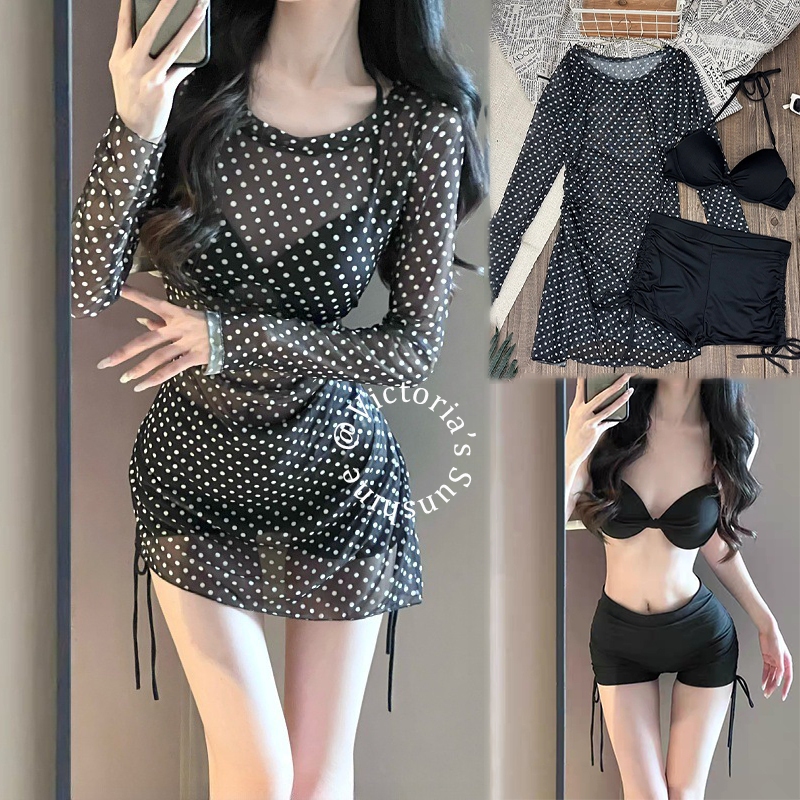 ส่งไวจากไทย ชุดว่ายน้ําแฟชั่น ผู้หญิง beachwear กันแดด ลายจุด 3 ชิ้น#0884