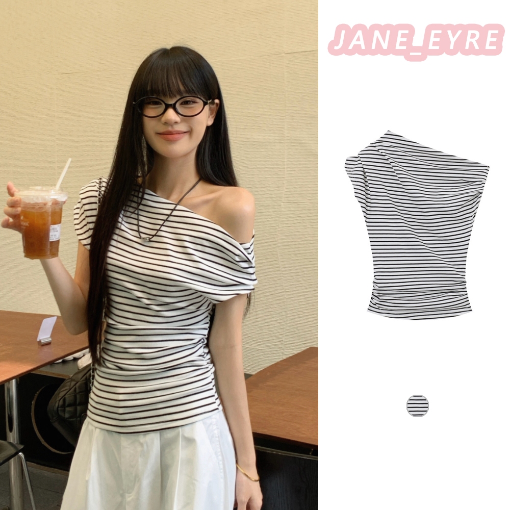 เสื้อเปิดไหล่ แขนสั้น เสื้อยืด สาวฮอต เข้ารูป นักเรียน ลายทาง เสื้อตัวบน JN