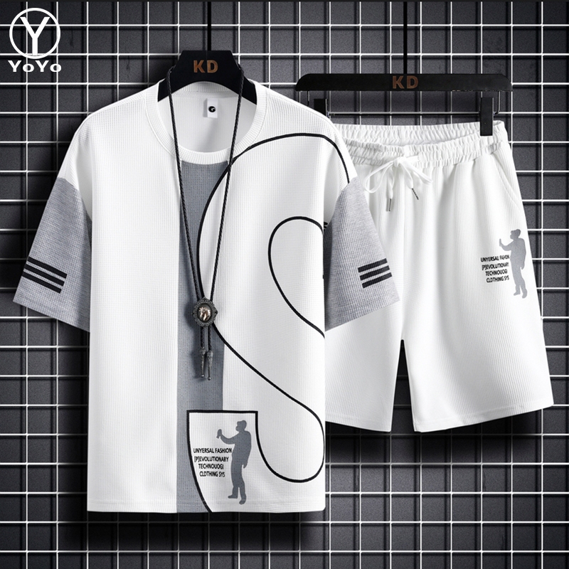 YOYO ชุดแฟชั่นชายเสื้อทีเชิร์ต (แขนสั้น + กางเกงขาสั้น) ชุดกีฬาและชุดพักผ่อน สไตค์ เกาหลี Clothing Man รุ่นW13